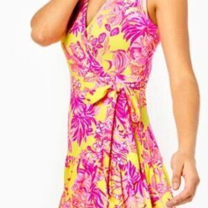 Lilly Pulitzer Folly Floral Wrap Dress Calla Yellow Floral Coral sz Large